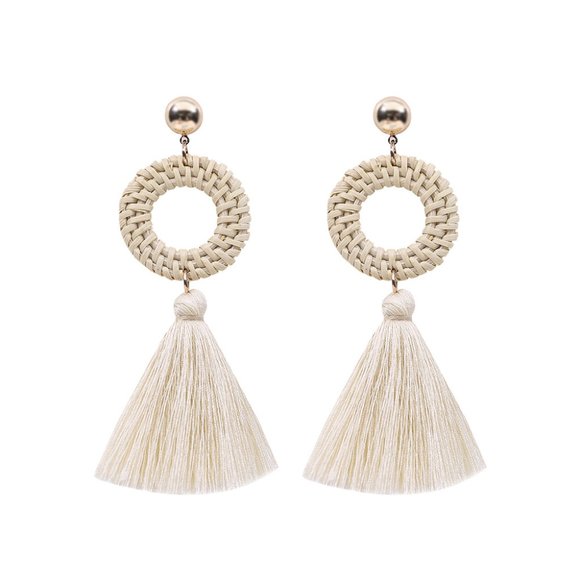 “Orval” Earrings Tassels Wicker Cream White - Picture 5 of 9